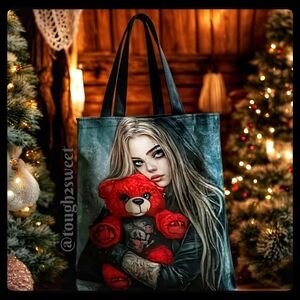 🆕️GOTHIC 16" BY 14" TOTE BAG/GOTH GIRL WITH RED TEDDY BEAR GRAPHIC Y2K PUNK